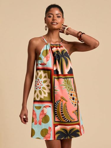 Image of KATECLO Women's Summer Halter Neck Printed Mini Dress - Casual Loose Fit Sleeveless Boho Beach Dress, Lightweight Vacation Sundress for Women