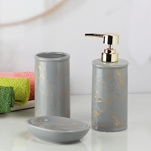Image of SaSaSa Ceramic Bathroom Set of 3 Modern Bath Accessories Kit with Soap Dispenser, Toothbrush Holder & Dish - Stylish & Elegant Bathroom Decor, Grey /Gold (9730)
