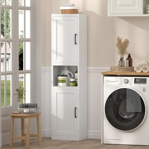 Image of Bathroom Storage Cabinet, White Cabinet with Shelves and Doors, Narrow Storage for Laundry, Tall Cupboard for Kitchen