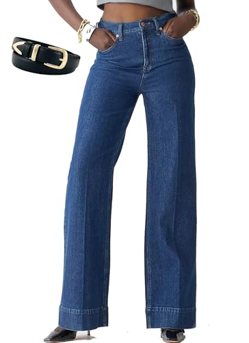 Tummy Control Tall Wide Leg Denim Trouser, 3 Inseam Options, Cropped Wide-Leg Jeans Stretchy Baggy with Patch Pockets