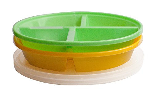 Nalaire Divided Plate, Baby Toddler Kid Plate, Snack Plate, with lid, Removable Fruit Insert, BPA Free, Microwave - Dishwasher Safe - 2 pack (Green/Orange)