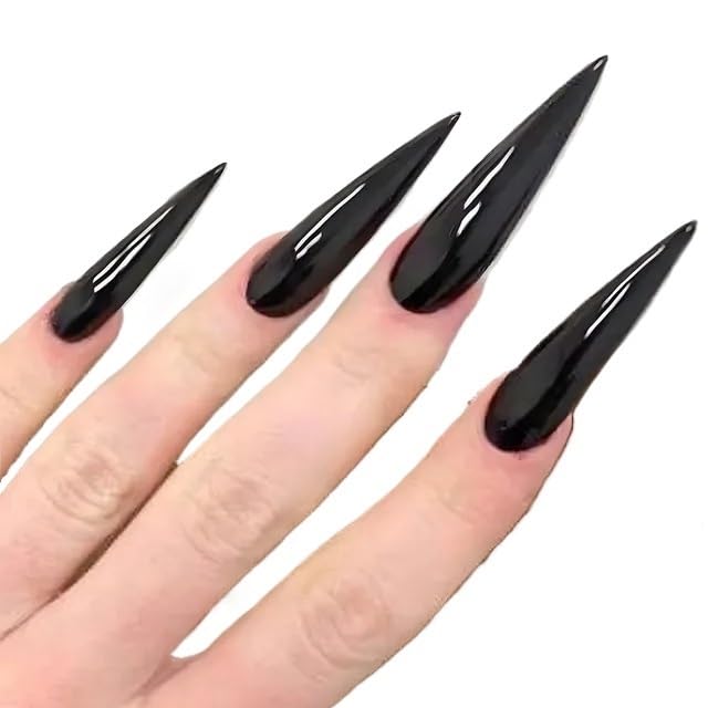 UñAs Postizas 24 piezas de uñas postizas largas y puntiagudas con diseño llama plateada, estilo chica genial, cobertura completa desmontables(14)