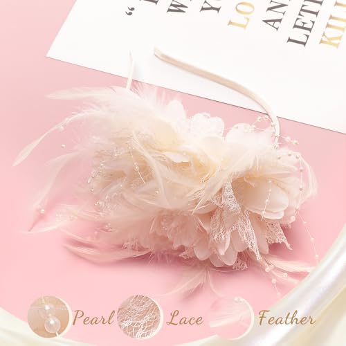 Image of DRESHOW Womens Fascinators Hats Tea Party Hats for Women Pearl Lace Feather Hat Vintage Derby Hats for Wedding Cocktail