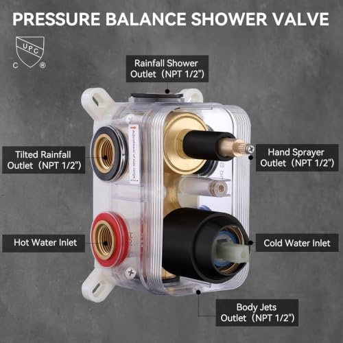 Image of Shower System Matte Black Dual Shower Head with Body Jets, Oupukle Four Modes Shower Faucet Set Ceiling Mount 12 inch Rain Shower Head & 6 inch Wall Mounted Head with 6PCS Body Jets