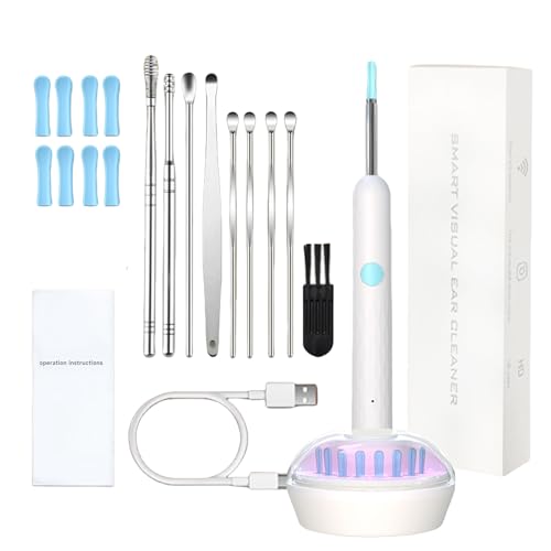 Doeean Visual Earwax Removal Tool Upgraded Purple Light Cleaning Intelligent 1080P HD High Definition Otoscope Camera Bright Led Light Compatible with iOS and Android (White/TES)