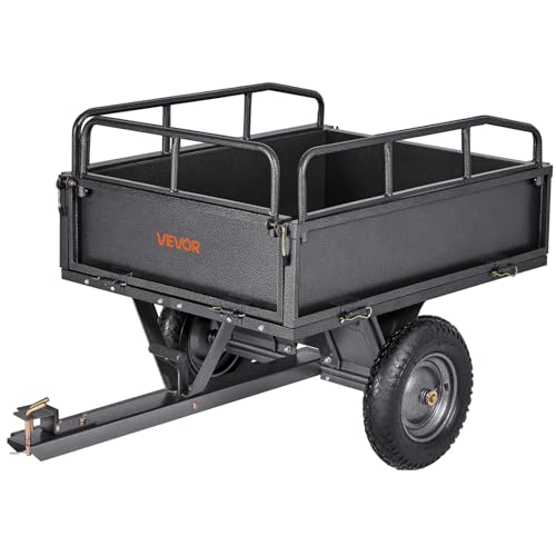 VEVOR 10 Cu.Ft. & 500lbs ATV Trailer Dump Cart Tow Behind, Heavy Duty Utility UTV Trailer, Tow Behind Steel Yard Dump Wagon Cart with 14" Tires for Lawn Mower Tractor