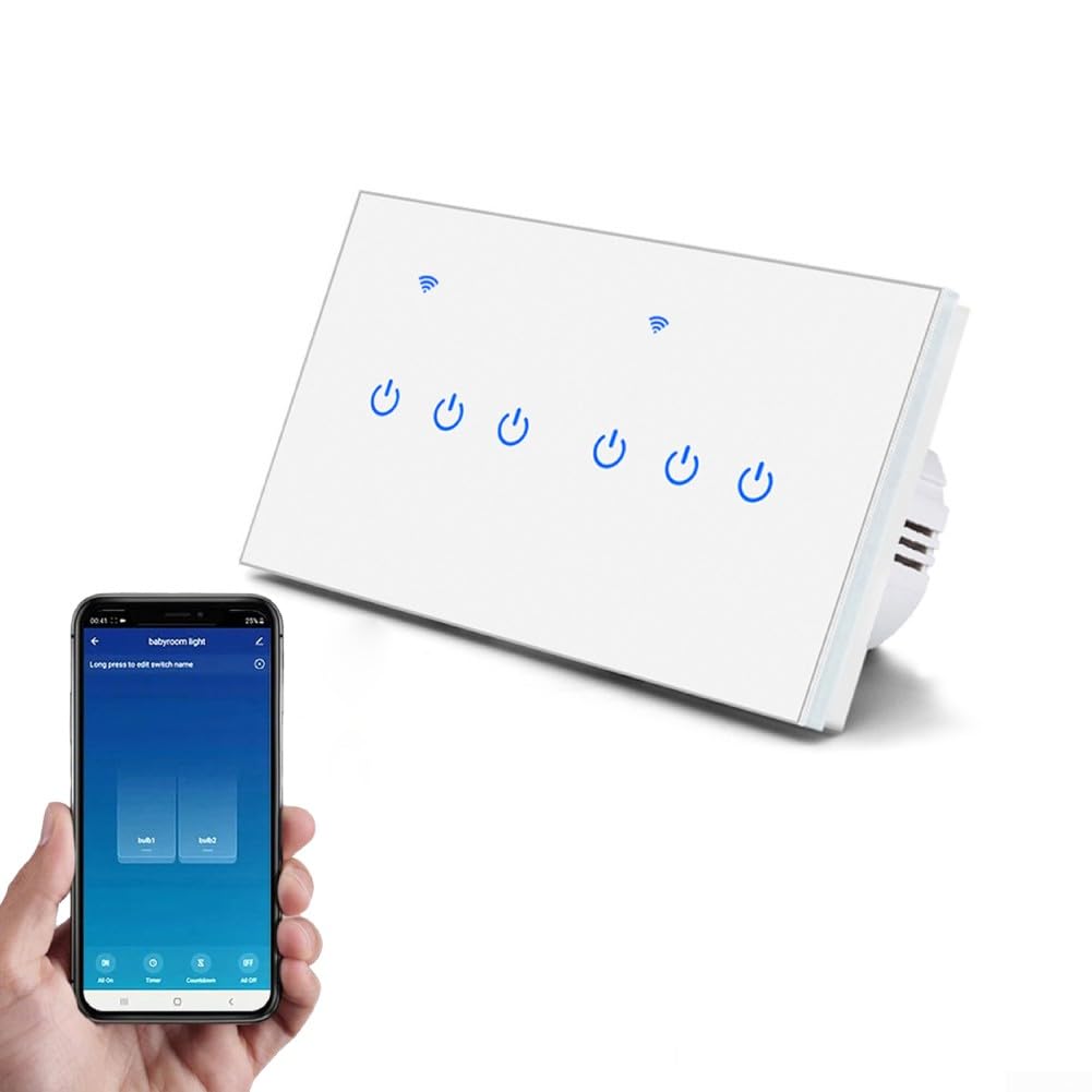 Smart WiFi 2 Way Touch Switch, For Tuya Smart App Remote Control Touch Light Switch Glass Panel, Compatible For Google Home For Alexa Voice Control(6 Gang 2Way)