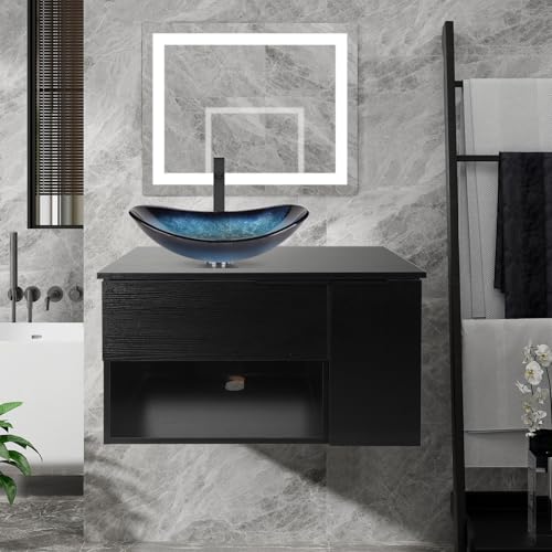 SOLIDEE 28 Inch Black Floating Bathroom Vanity with 1-Door and 1-Drawer, Modern Wall Mounted Cabinet with Blue Boat Vessel Sink Top