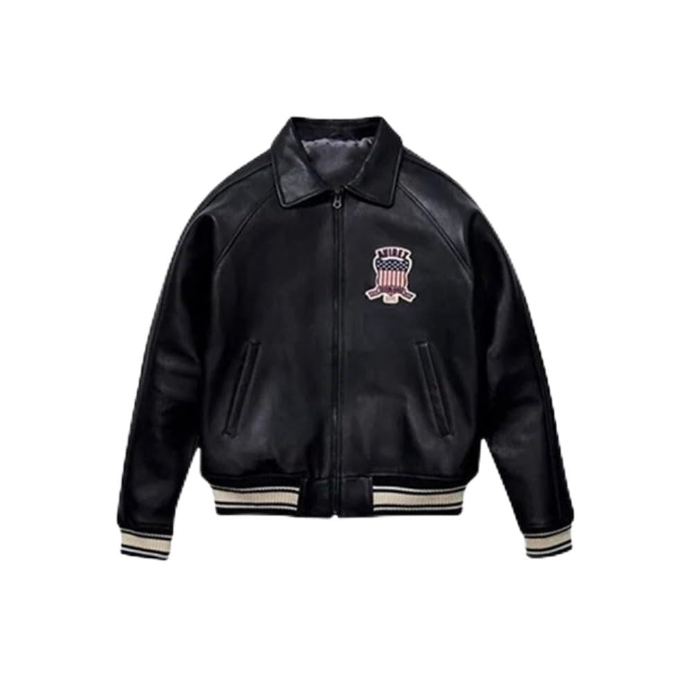 Men's Avirexss Black Leather Jacket with Embroidered Patch, Striped Ribbed Cuffs and Hem Bomber Style