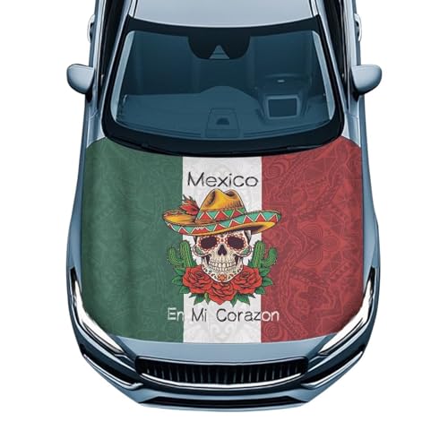 Image of Renewold Mexico Flag Skull Rose Car Hood Cover Hood Covers for Cars Decorative Wrap Blanket Women Men Automotive Exterior Accessories for Most Sedan Small SUV Truck Easy Install