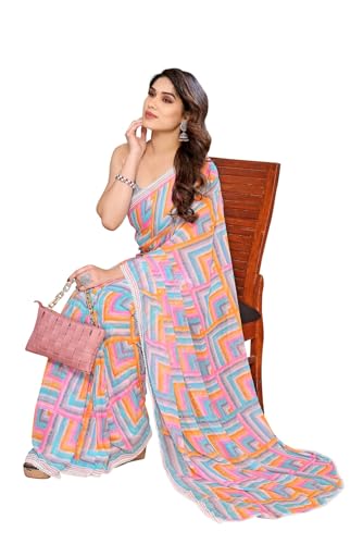 Image of ROOP SUNDARI SAREES Readymade Pleated Pre Drape Stitched Floral Printed Georgette Saree For Women's With Lace Border & Blouse(Ready To Wear One Minute)
