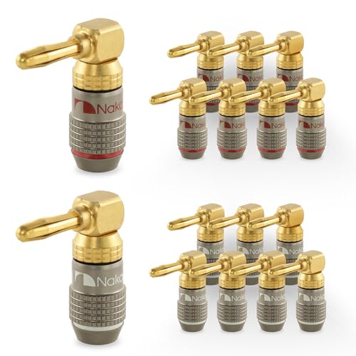 Image of Nakamichi FanLock Excel Series 24k Gold Plated Right-Angle 90 Degree Banana Plug 10 AWG - 18 AWG Gauge Size 4mm for Speakers Amplifier Hi-Fi Home Theatre Wire Cable Quick Connector, 16 Pcs (8-Pairs)