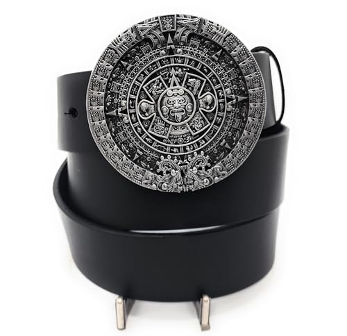 Antique Silver Aztec Calender Buckle & Genuine Cow Leather Belt Combo