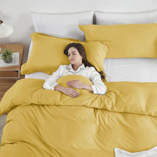 Image of Hearth & Harbor Yellow Duvet Cover Full Size, 3 Piece Bedding Set | Soft Double Brushed Bedding Set, Button Closure, 1 Duvet Cover 80x90 Inches, 2 Pillow Shams
