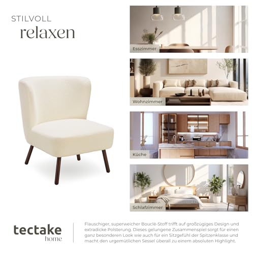 tectake® Teddy Cocktailsessel, Sessel mit kuscheligem Bouclé-Stoff im Scandi-Style, Couch Loungesessel mit Dicker Polsterung, Stahlbeine in Holzoptik, Relaxsessel für Wohnzimmer Schlafzimmer Büro