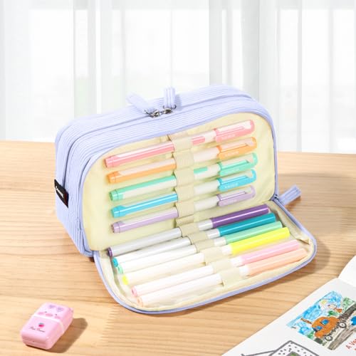 Image of Sooez Big Capacity Pencil Case Pen Pouch, Soft Corduroy Pencil Bag with 3 Compartment, Multiple Pockets, Sturdy Zipper, Cute School Supplies Pen Bag Organizer For Teen Girls College, Blue