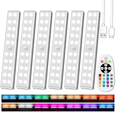 Under Cabinet Lighting Wireless with Remote, 48 LED Rechargeable Under Cabinet Lights, Kitchen Counter Lights Dimmable LED Closet Lights RGB Bar for Shelf, Car, Hallway, 15 Color Changing, 6 Pack