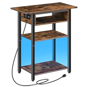 HOOBRO Narrow LED End Table with Charging Station, Small Side Table Outlets, Nightstand with USB C Port, Skinny Couch Table, for Living Room, Bedroom, Bedside, Rustic Brown and Black BF130UDBZ01