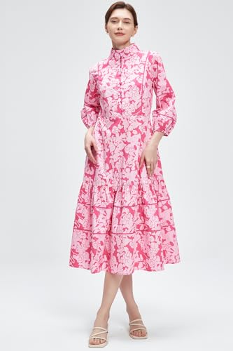 Image of D-Sun Women Floral Maxi Dress Elegant Printed Button Down 3 /4 Puff Sleeve Tiered A-Line Flowy Party Long Dress with Pocket