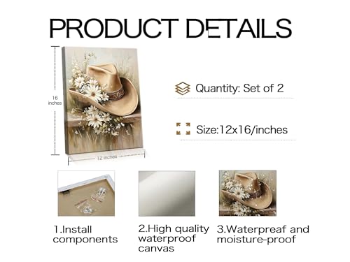 Image of Frimeeme 2 Piece Set Framed Floral Cowgirl Footwear Canvas Wall Art | 12x16 inch Cowboy Hat and Boots Canvas Prints,for Girls Bedroom Living Room Dorm