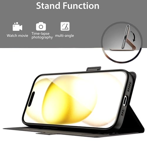 Image of Kapa Noble Slim Magnetic Leather Flip Case Cover for Apple iPhone 15 | Card Holder Stand Leather Flip Wallet Case (Black)