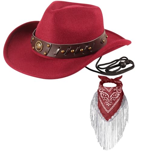 Ibeauti Cowboy Hat with Fringed Bandana Set for Women Wide Brim Western Cowgirl Hat Paisley Head Wrap Scarf (Drawstring-Wine)