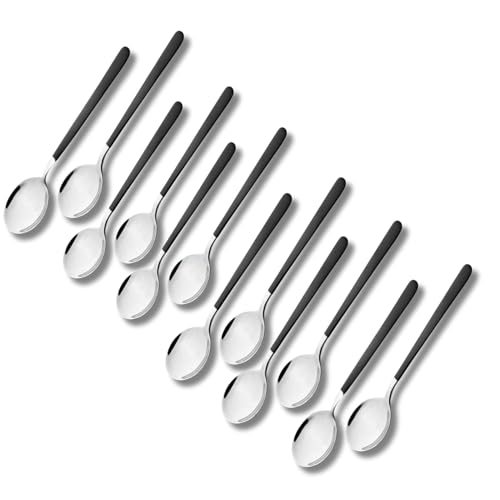 Image of Stainless Steel Dinner /Table Spoons, Silver Elliptical Head, Spoon Set, Length 21 cm (12 Pieces Black Spoon)