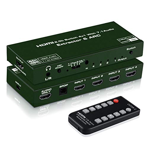 4K@60Hz HDMI Switch 4x1 with 7.1 Audio Extractor, avedio links 4 Port HDMI2.0b Switch Box with HDMI Atmos 7.1CH/ Optical 5.1CH/3.5mm Audio Out, HDMI2.0b Selector Switch with Remote