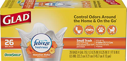 Glad Small Trash Bags - OdorShield 4 Gallon White Trash Bag, Febreze Hawaiian Aloha - 26 Count (Pack of 6)