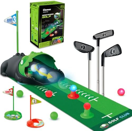 Clemas Mini Golf Set Toy for Children, Children's Golf Games, 16 Pieces Indoor Outdoor Golf Case Game Set with 3 Colourful Chats, 6 Balls, Putting Mat Toy for Boys