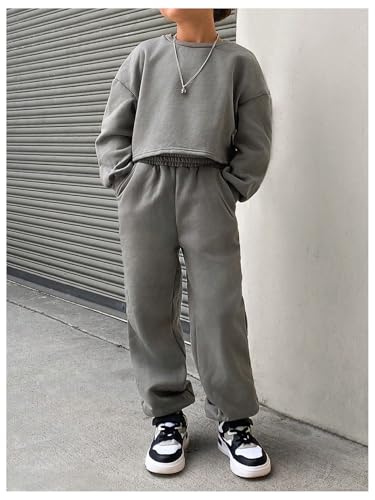 Image of Verdusa Girl's 2 Piece Outfits Sweatsuit Sets Drop Shoulder Sweatshirt and Jogger Set Grey 9Y