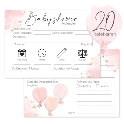 Cozy Racoon 20 Hochwertige Babyshower Karten zum Ausfüllen - für Jungen und Mädchen I Spiel für die Babyparty I Persönliches Geschenk für Schwangere - Design Rosa