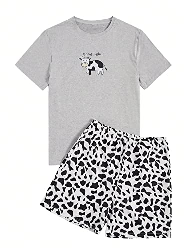 WDIRARA Men's 2 Pieces Sleepwear Cartoon Cow Print Short Sleeve Top and Shorts Pajama Set Loungewear