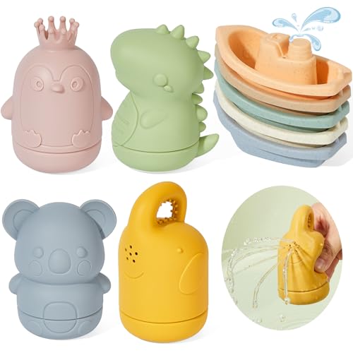 Mold-Free Baby Bath Toys | 9PCS Floating Boats & Squeeze Toys for Babies 6-12M & Toddlers 1-3Y | Non-Toxic Bathtub, Pool & Water Table Toys | Silicone Sensory Bath Play with Safe Stacking Boats