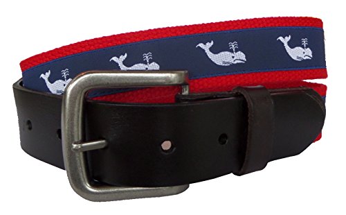 Mens Nautical White Whale Ribbon on Navy Leather Belt, Leather Tab and Buckle, Nautical Whale Leather Belt