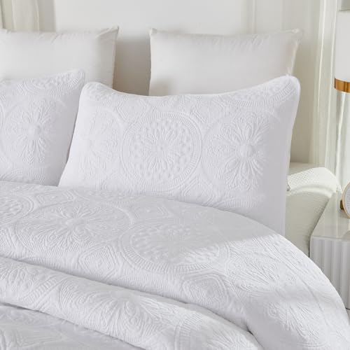 Brandream White Quilts Queen Size Quilt Bedding Set Cotton Elegant Medallion Matelasse Coverlet Set 3 Piece thumb #4