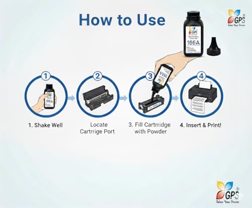Image of GPS Colour Your Dreams 166A Toner Powder Refill | Ultra Fine Black Toner for HP W1660A Laser Printer Cartridge | Compatible with HP 1008a, 1008w, 1188a, 1188w, 1188fnw Printers (80g) (166A Bottle - 4)