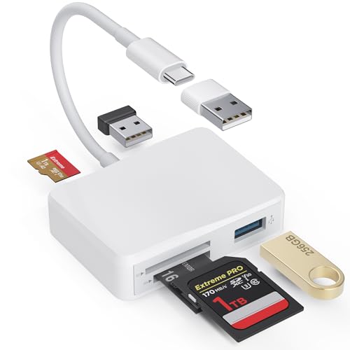 SD Card Reader 5 in 1 USB-C & USB Card Adapter with SD/MicroSD/MS and Dual USB-A Ports Memory Card Reader for iPhone 17/16/15 Pro Max iPad MacBook Pro/Air M4/M3 Android Phone/Tablet PC (White)