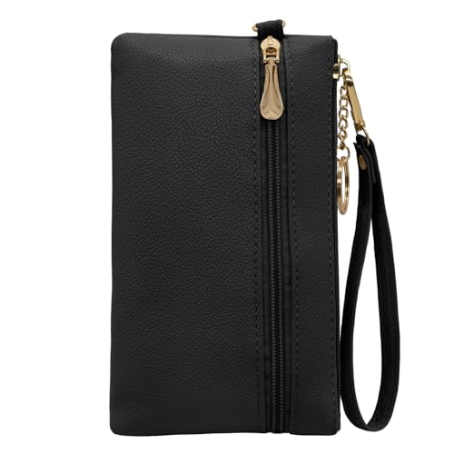 LJCZKA Leather Wristlet Wallet for Women Men Large Capacity Clutch Handbags Purses Long Cellphone Credit Card Holder Pocket Bag with Wrist Strap Keychain (Black2)