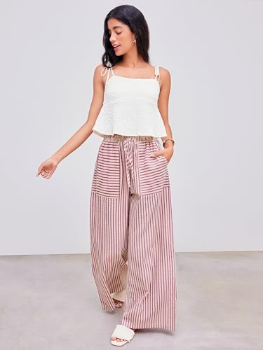 CIDER Wide Leg Pants Lounge Pants with Pockets Knotted Stripe Trousers Mid Waist Oversized Fit Long3