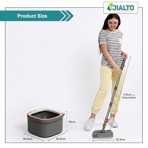 Image of JIALTO 360 Spin Mop & Drop Bucket Deluxe System | Reusable Microfiber Pads, Self-Wringing Mop for Wet & Dry Cleaning of Walls, Glass & Tiles and Home Floor Cleaning - Grey and Orange (Square)