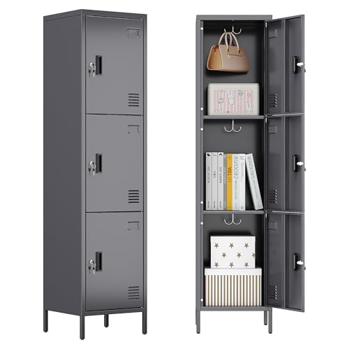 Image of Aobabo 16 inch W 3 Door Metal Storage Locker with Lock, 66 inch H Steel Locker with Name Card Holder and Metal Hook for School, Home, Office, Playroom, Assembly Required, Dark Grey