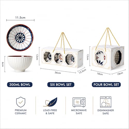 Image of Japanese Ceramic Bowl Set of 6 | 300ML Ribbed Soup & Rice Bowls with Hand-Painted Blue Patterns | Porcelain Bowls for Ramen, Snacks, Desserts & Everyday Dining (Olive & Ocean)