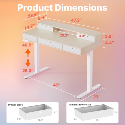 Image of HUANUO 48 x 24 Inch Electric Standing Desk with 4 Drawers, Natural | 4 Drawers For Organized Storage, Raised Monitor Shelf, C-Clamp Mount Support, 4 Memory Presets, 28.3-46.5 Inch Height Range