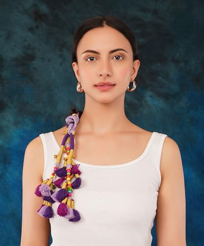 Image of Zippy Flora Handmade Kalee Boho Cotton Parandi | Traditional Hair Accessory with Tassles & Ghoonghru | Hair Extension|Choti |Women's Patiala Shahi Paranda | Kalee Parandi (Purple) | 22 Inches Length