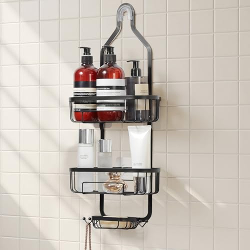 VEVOR Shower Caddy, 3-Tier Hanging Bathroom Shower Storage Organization Shelves Rack Set, with Soap Holder and Hooks for Towels, Sponge, 40 lbs Large Weight Capacity, Matte Black