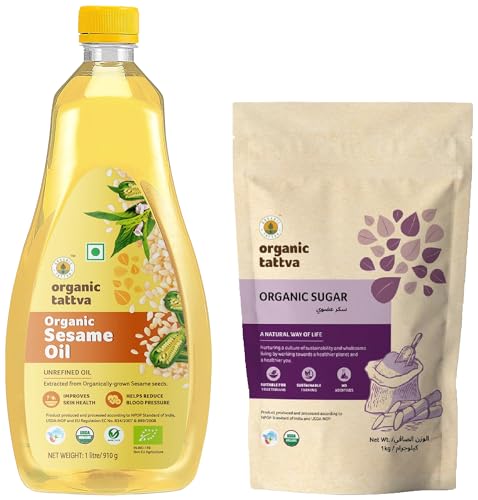 Image of Organic Tattva, Organic Sesame Unrefined Cooking Oil, 1 Litre & Organic Tattva All Natural 'Sugar', Zero Chemicals, Organically Processed, from Freshly Squeezed Sugar Cane Juice (1 Kg, Pouch)
