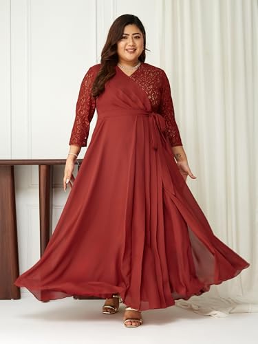 Image of Miss Chase A+ Women's Floral Printed Relaxed Fit V -Neck 3 /4Th Sleeve Georgette Maxi Dress