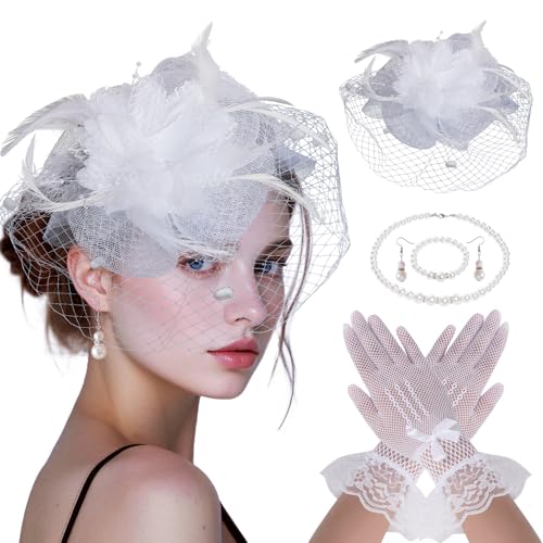 Fascinators for Women Tea Party Fascinator Hat for Women Veil Tea Party Hats and Gloves Set (US Alpha One Size White)