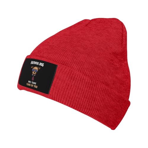 Faithful Dog We Takl Care of You Beanie Acrylic Beanie Hat Warm Winter Hats Knit Cuffed Beanie Cap Unisex Red